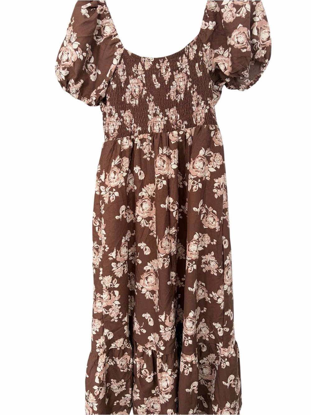 Blush Brown Floral Puff-Sleeve Maxi Dress